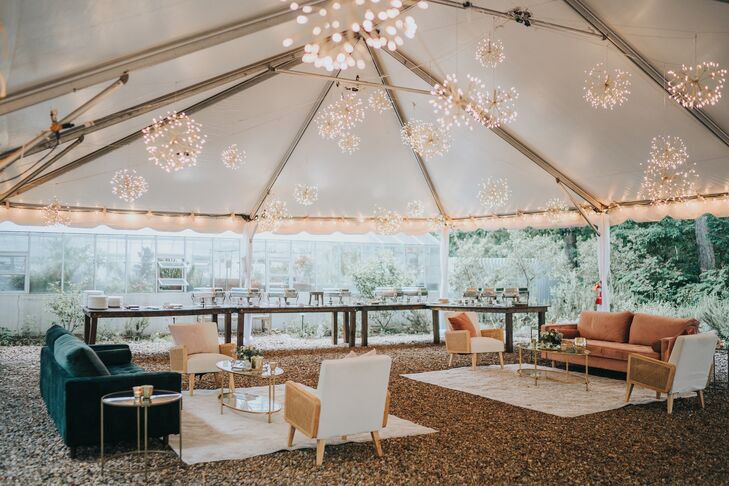 Tented Wedding Lounge Area With Chandeliers