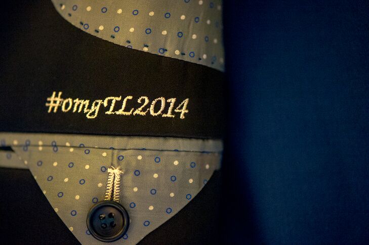 Tim's wedding suit featured a modern personalization– the couples' wedding hashtag stitched into the lining.