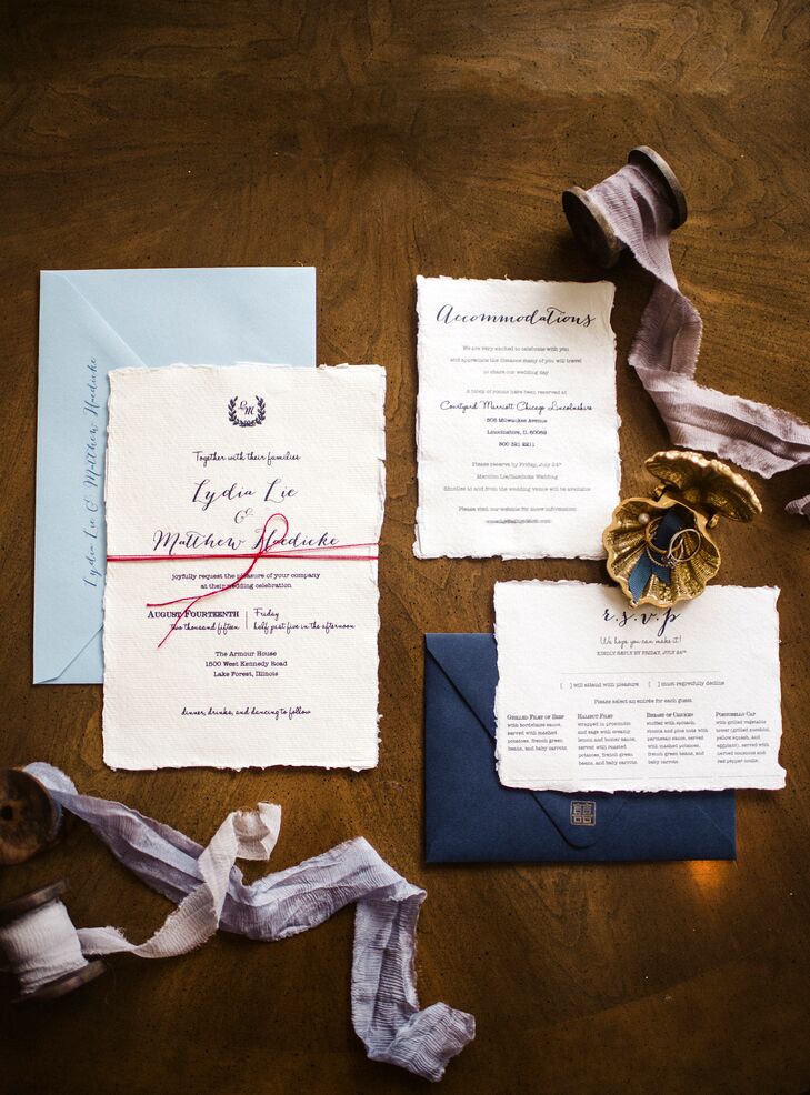 The simple and elegant stationery, designed by the bride's sister, was printed on textured paper and stamped with a custom “double happiness” symbol, a reflection of Lydia's Chinese heritage. The invitations were tied together with red thread. “In Chinese culture, we believe that when two people are destined to be together, there is an unbreakable, invisible red thread. Two people connected by the red thread are destined to be together, regardless of time, place or circumstance.”