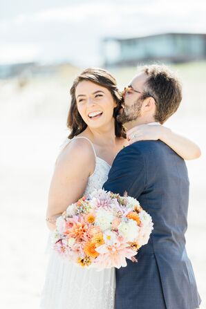 Casual Bride on the Beach with Bright Bouquet of Dahlias