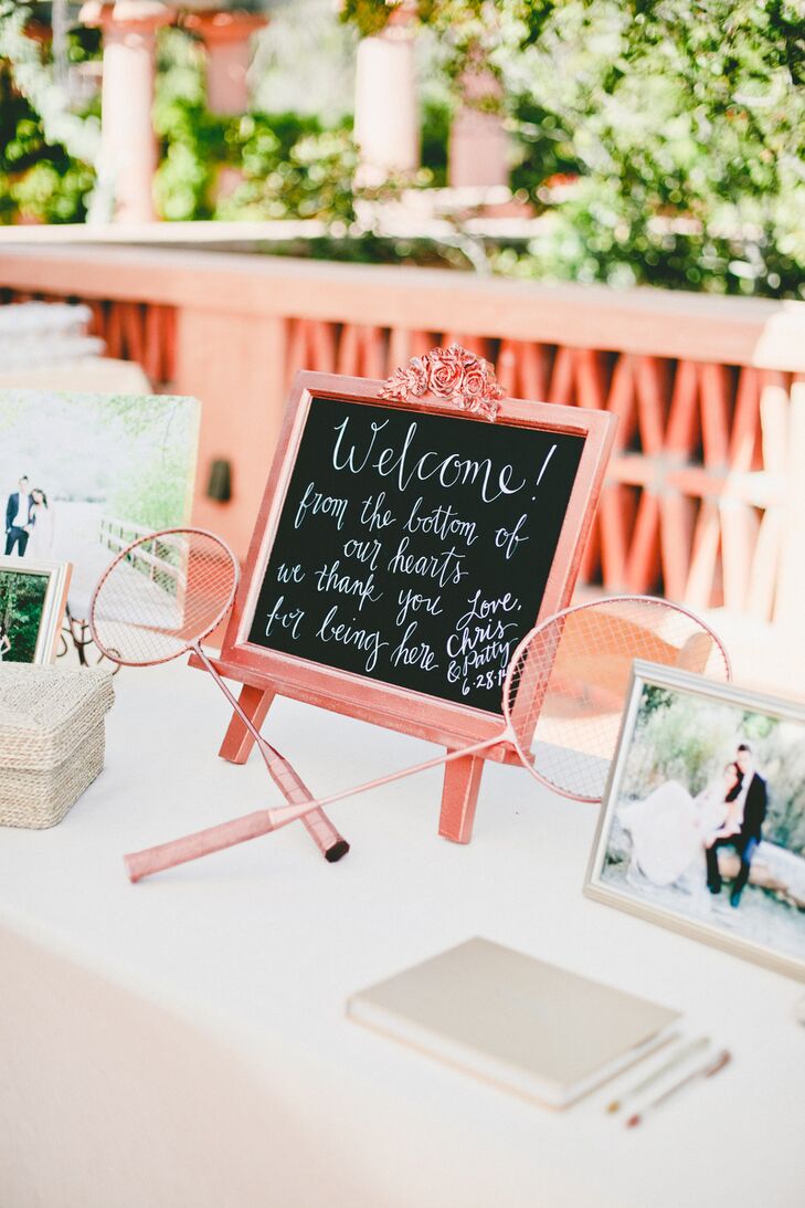 Patricia and Christopher met one summer at a 4th of July party where they bonded over tennis and hit it off, so when it came time to plan their wedding, a few tennis-inspired details were a must. Rose gold rackets, stationery with tennis motifs and even Rancho Valencia itself, a tennis resort, served as a nod to the sport and the couple’s playful beginnings.