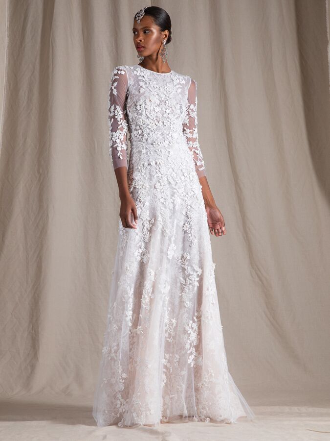 Naeem Khan beaded Chantilly lace column dress with long sleeves