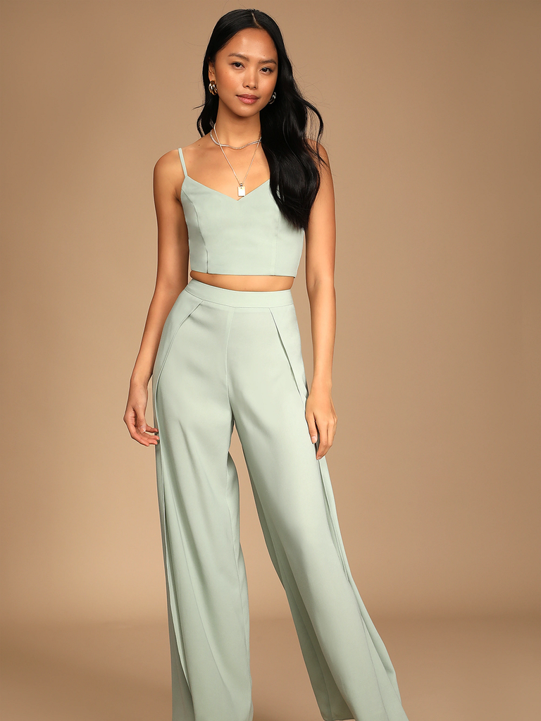 A model shows off this matching top and bottom engagement set.