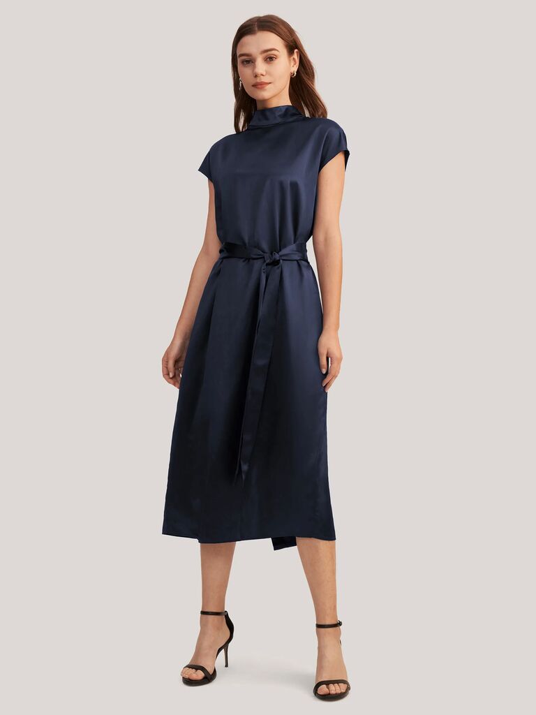 LilySilk elegant navy silk dress for wedding guests with cap sleeves and tie waist