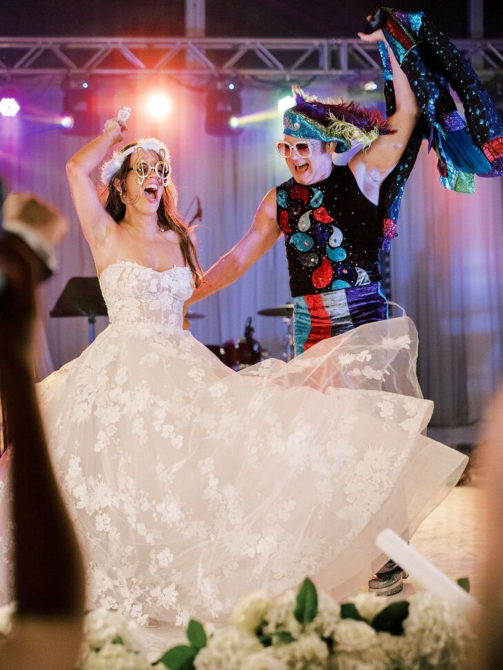 A Bride in Treble Clef Sunglasses Dances Onstage With Elton John Impersonator