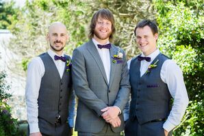 Groom and Groomsmen in Gray Suits with Plum Accents