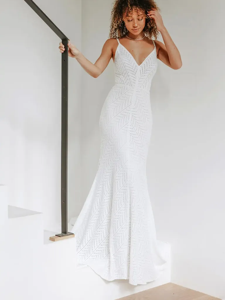 Casual summer boho lace column wedding dress with spaghetti straps for older bride