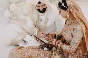 Sikh Bride and Groom Admiring Rings, Henna, Traditional Wedding Attire, Jewelry, Religious Ceremony