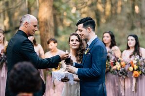 Drinking Wine at Rustic Outdoor Wedding Ceremony
