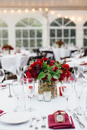 Red Chrysanthemum, Dahlia and Rose Centerpiece