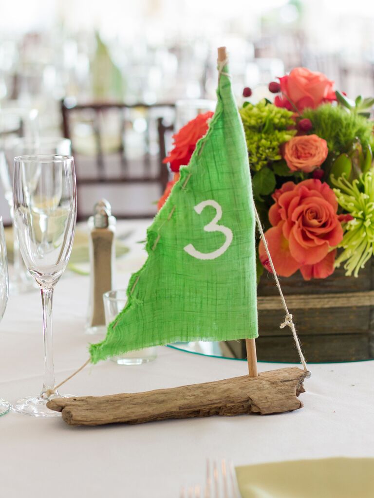 Driftwood sailboat wedding table number