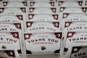 Heart Pin Favors on "Till Death Do Us Part" Thank you Cards