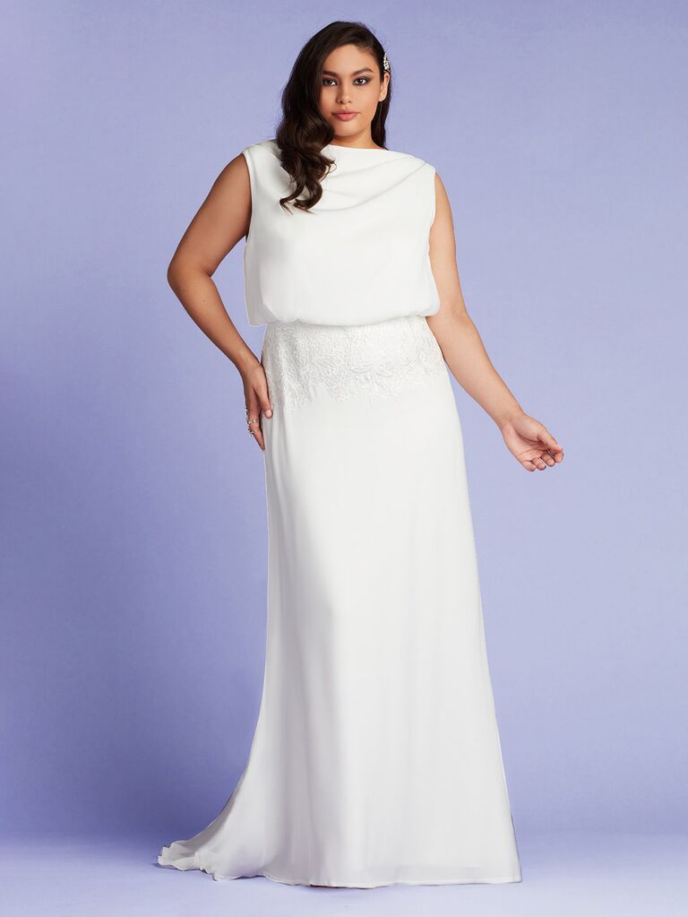 tadashi shoji plain white high neck wedding dress with cap sleeves lace mid section and flowy skirt