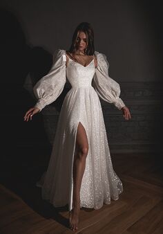 Olivia Bottega Shiny Wedding Dress Bree with a High Front Slit A-Line Wedding Dress