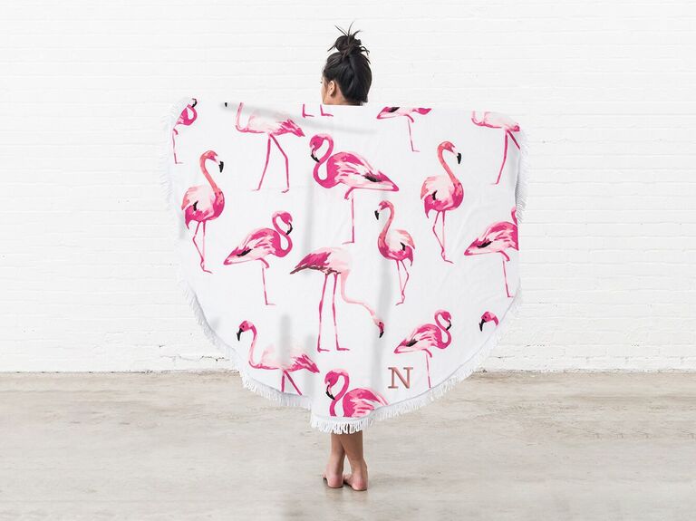 Flamingo print beach towel with embroidered initial bridesmaid gift idea