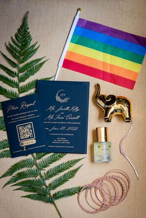 Navy-and-Gold Invitation For LGBTQ+ Wedding, Rainbow Flag, Elephant and Accessories