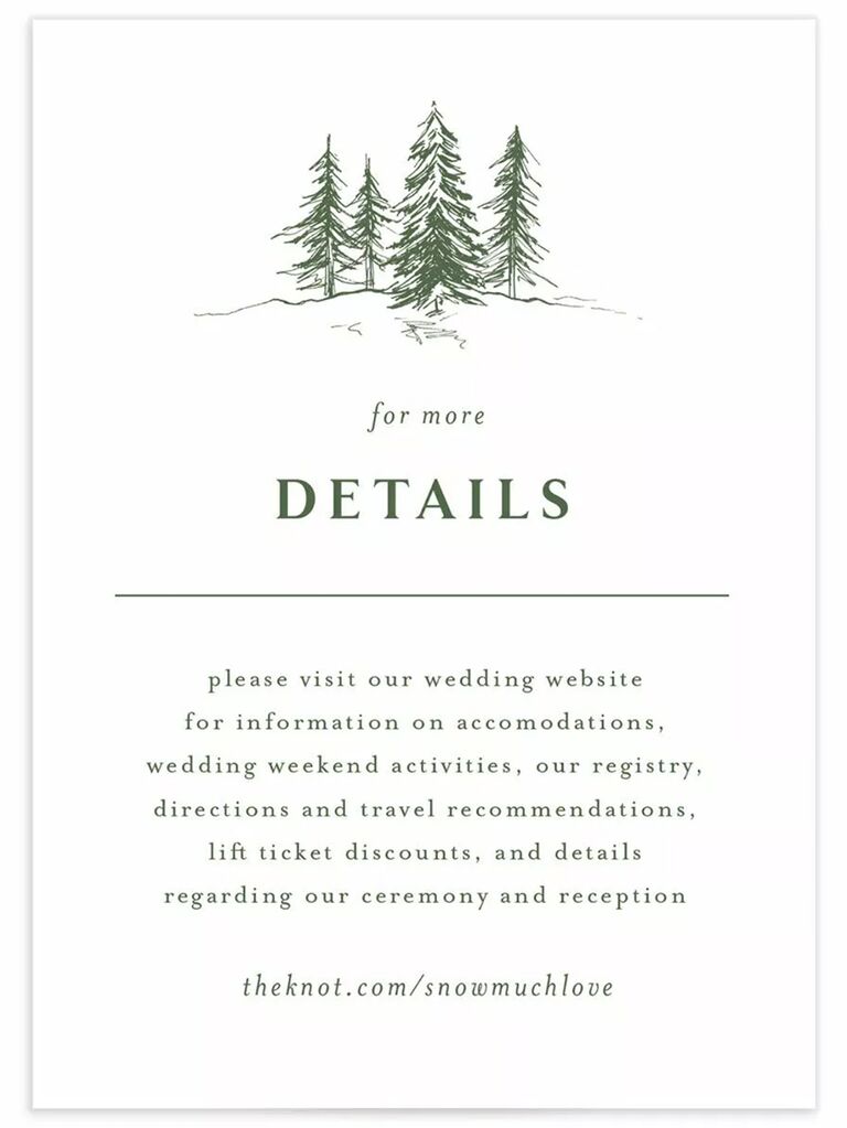 Evergreen tree graphics and 'Details' and info in minimalist serif green type on white background