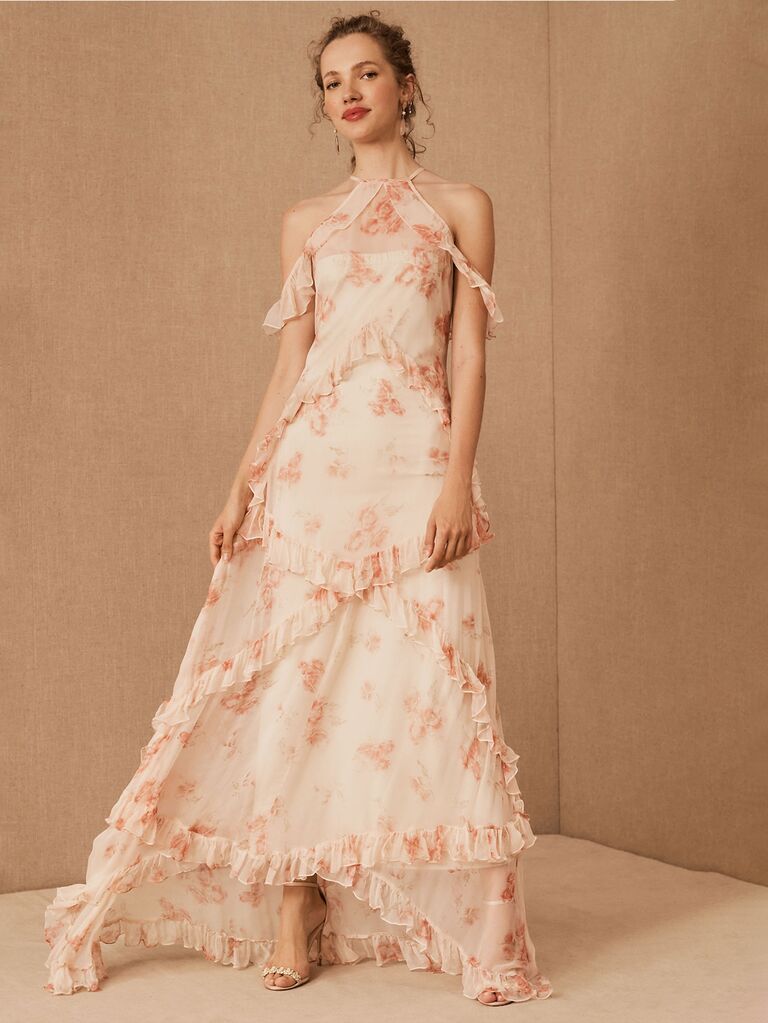 bhldn pale pink floral garden wedding bridesmaid dress with ruffles and cold shoulder
