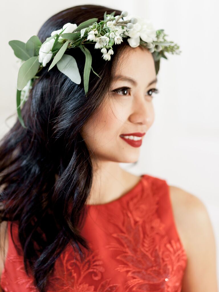 wedding hair flowers loose waves with greenery crown