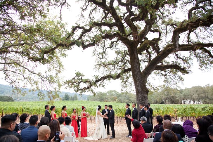 Underneath an old oak tree with 360-degree views of the vineyard, the couple said their “I dos.”