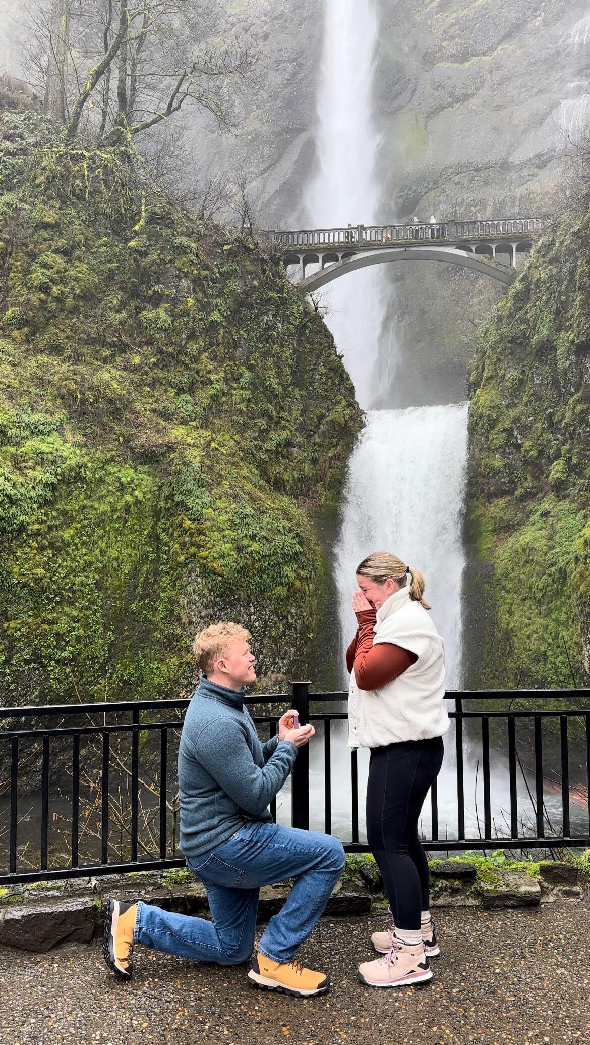 Daniel popped the question at Multnomah Falls, near Portland, OR.