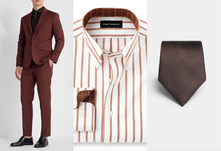 Burgundy suit with rust striped dress shirt and brown tie for fall guest wedding attire