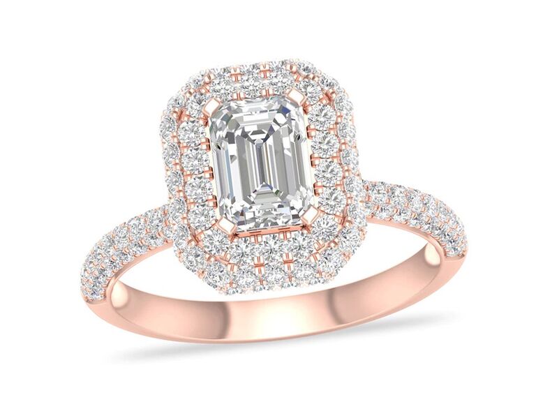 jared rose gold engagement ring with emerald cut diamond center stone round diamond double halo double round diamond sides and plain rose gold band