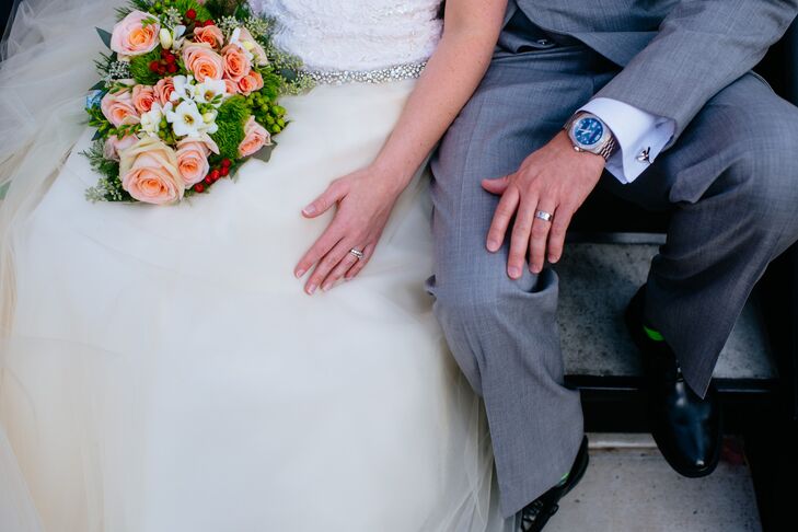 Brandon's silver ring exchanged at the ceremony showcased a classic style. But the ring was created with melted titanium from an aircraft, making it a one-of-a-kind piece.