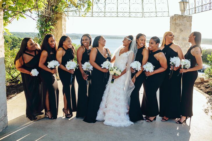 African-American Bride with Bridesmaids in Long, Black Gowns