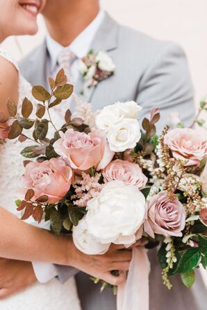 Romantic Bouquet of Blush Pink Roses, Leaves and Blossoms