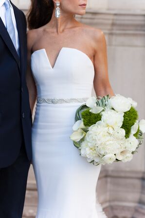 Modern Vera Wang Wedding Dress and White Peony Bouquet