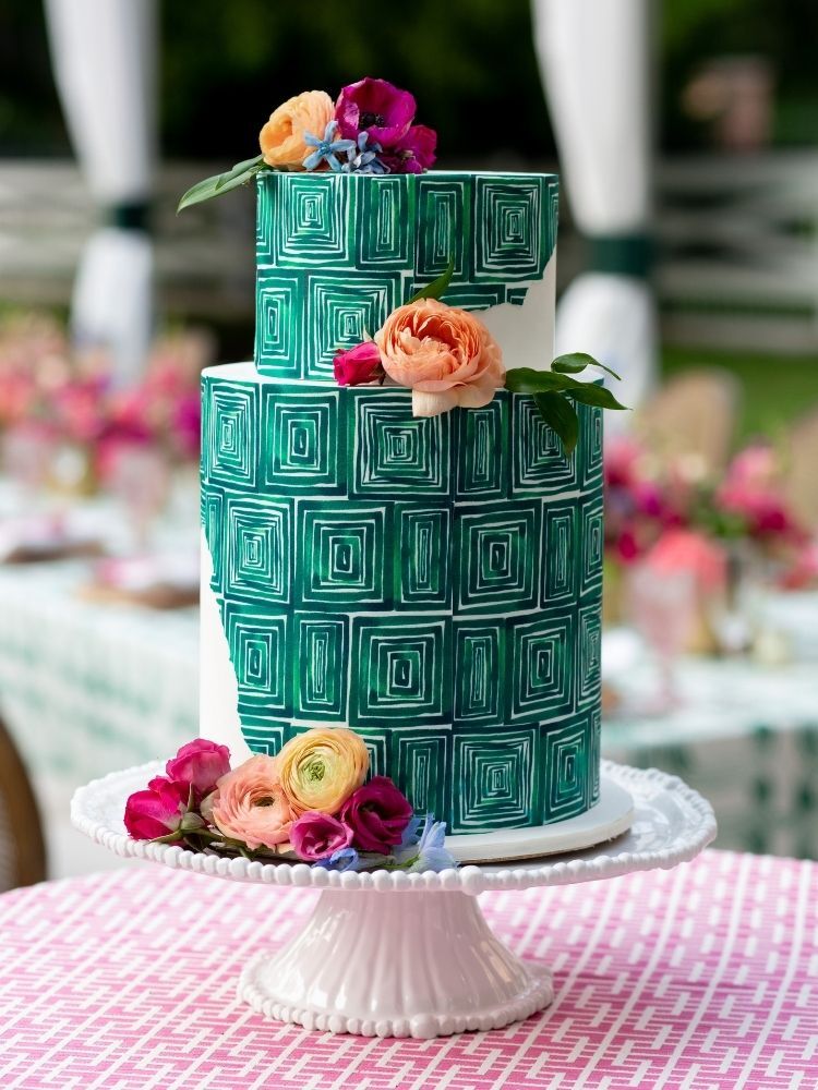 green geometric wedding cake