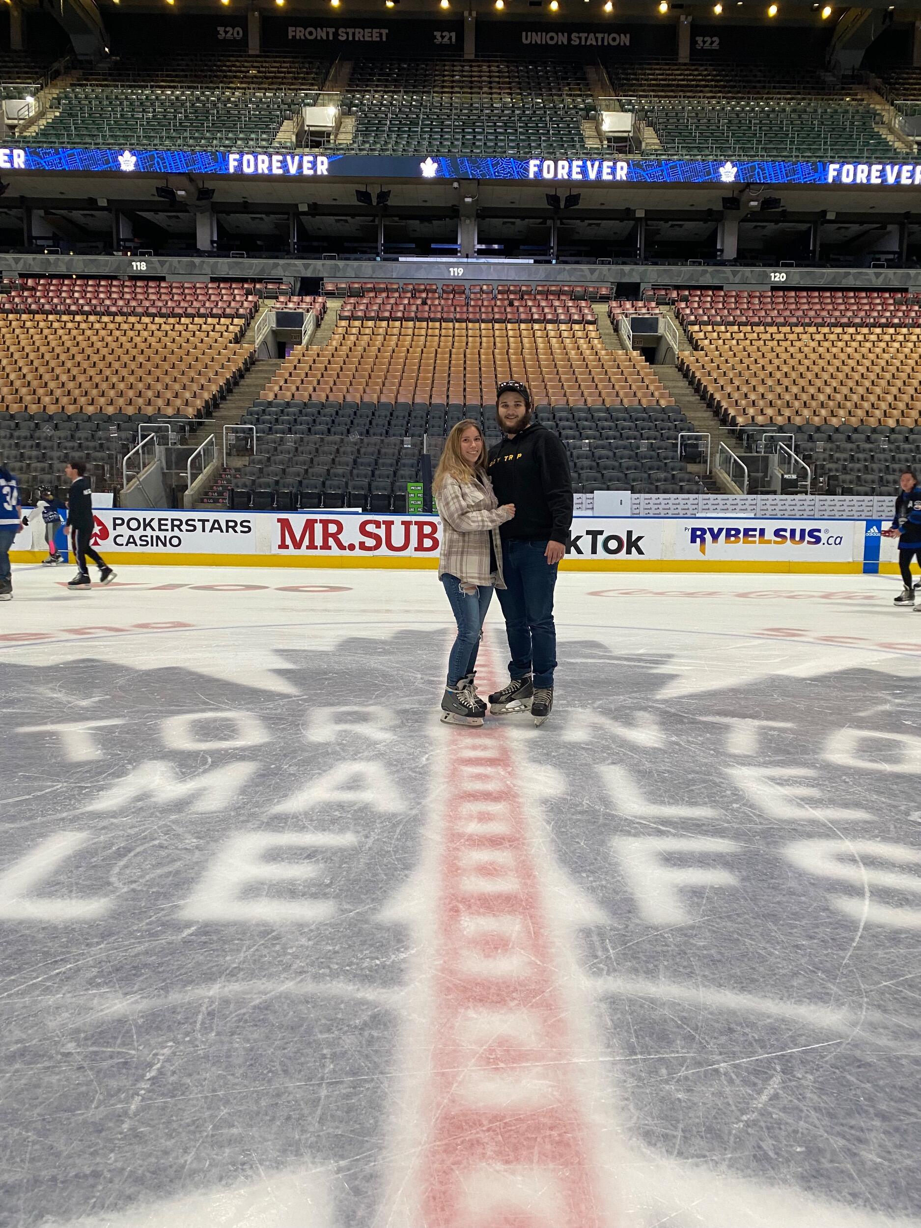 Ethan surprised Brooke with a date to skate at Scotiabank Arena, where the Maple Leafs play their home games. Fun fact: Ethan is actually an Oilers fan, not a Leafs fan, which made the day even more memorable.
