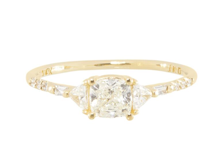 catbird diamond cushion cut engagement ring with two side diamonds and diamond gold band