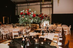 Tall Eucalyptus and Rose Arrangements and Cowhide Table Cloths