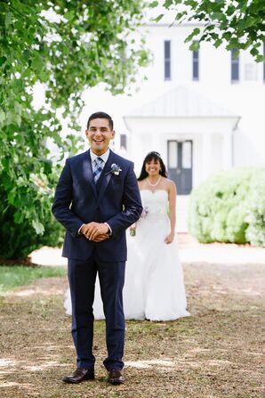 Groom in a Navy Suit at Mount Ida Farm First Look
