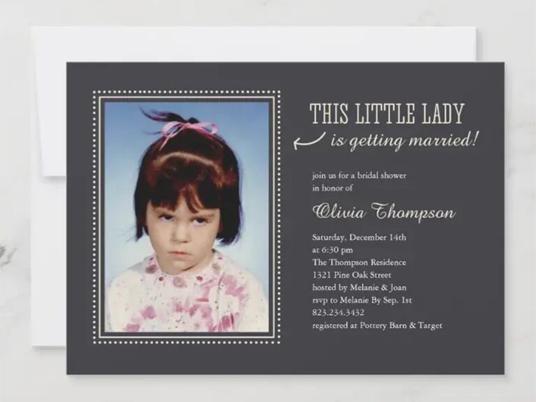 Personalized childhood photo on left side, 'This little lady is getting married' on right above event details in white type on dark gray background