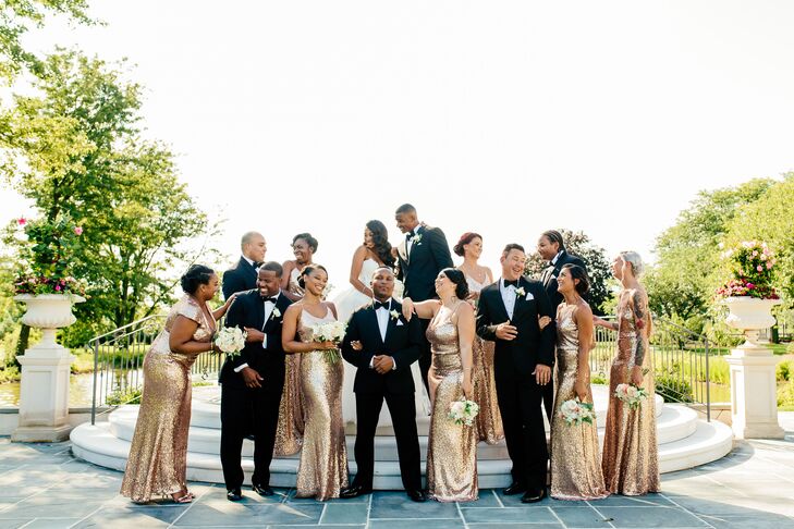 Glamorous Bridesmaids in Gold Sequined Gowns