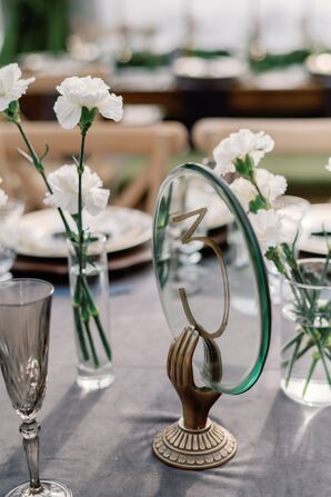 Mirror Table Number With Gold Hand Stand, White Carnation Centerpieces