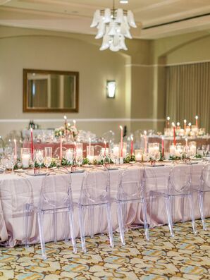 Romantic Wedding Reception With Candles, Lucite Chairs and Lush Centerpieces