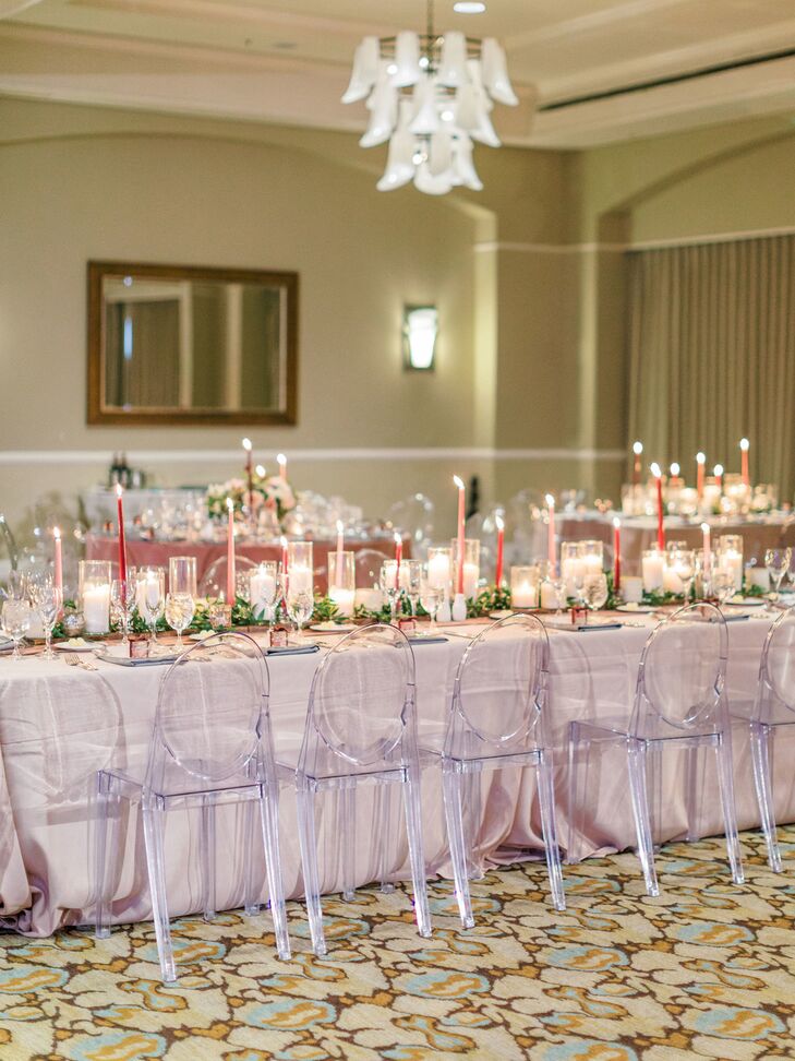 Romantic Wedding Reception With Candles, Lucite Chairs and Lush Centerpieces