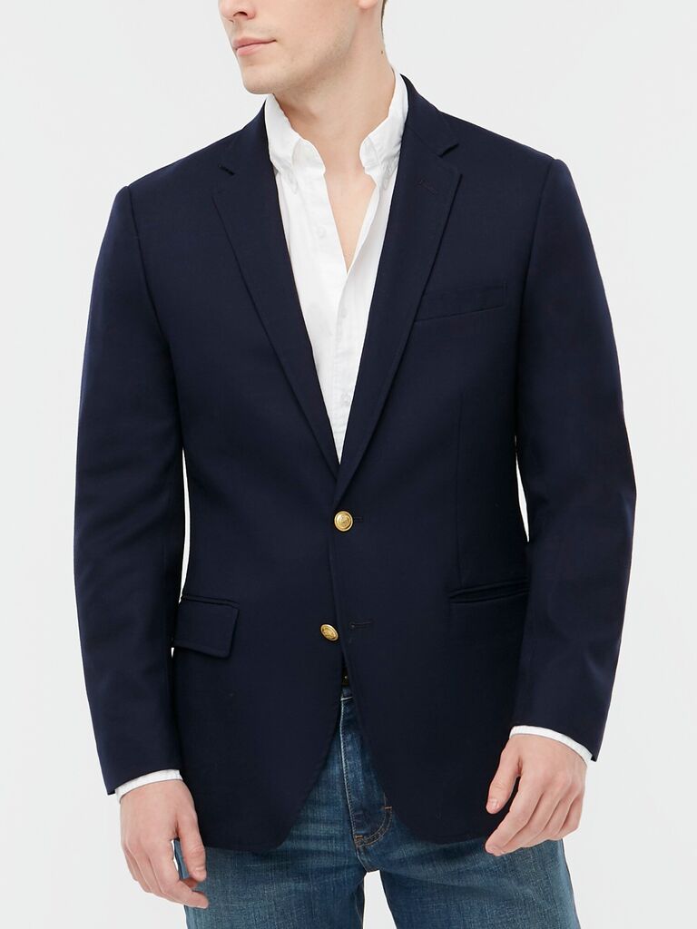 Navy blue semi-formal suit blazer. 