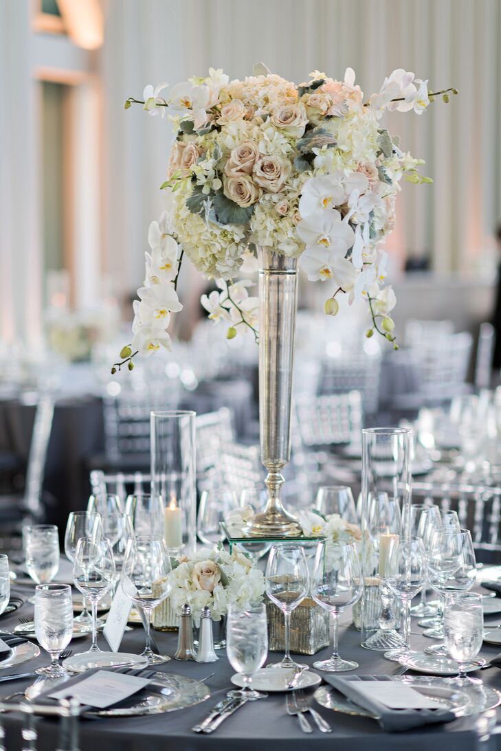 Tall Centerpiece with White Orchids, Roses and Hydrangeas