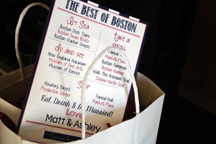 As out-of-town guests arrived to their hotels, they were greeted by welcome kits filled with Boston-inspired treats. Each welcome bag included a custom-designed card with some of the couple’s favorite spots around the city and must-see Beantown landmarks, plus plenty of treats to enjoy throughout the weekend.
