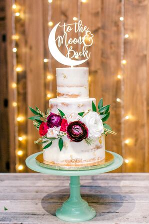 Tiered Rustic Cake with Celestial-Themed Cake Topper and Flowers