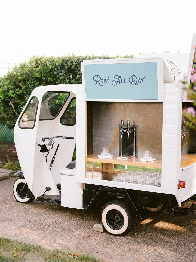 vintage truck converted into bar with wine on tap
