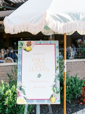 Rehearsal Dinner Welcome Sign With Lemon, Blue Patterns, Flower Designs and a Parasol