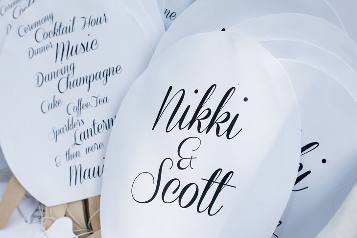 Nikki did her own stationery for the wedding. She used a black script typeface on white paper and popsicle sticks to make her programs into fans.