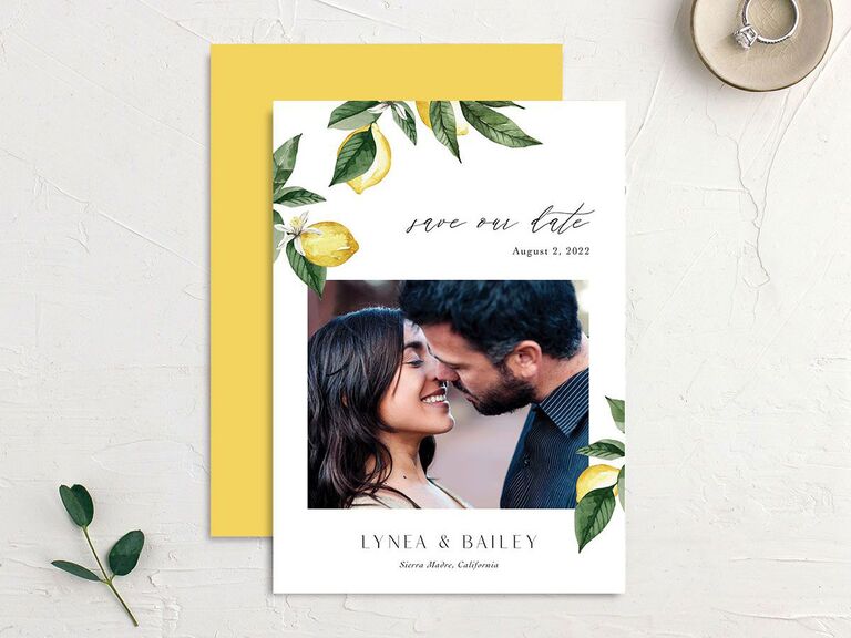yellow lemon destination wedding save the date