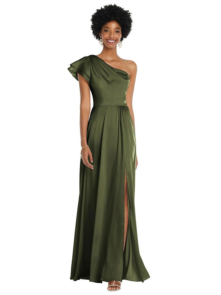 The Dessy Group one-shoulder fall bridesmaid dress in olive green